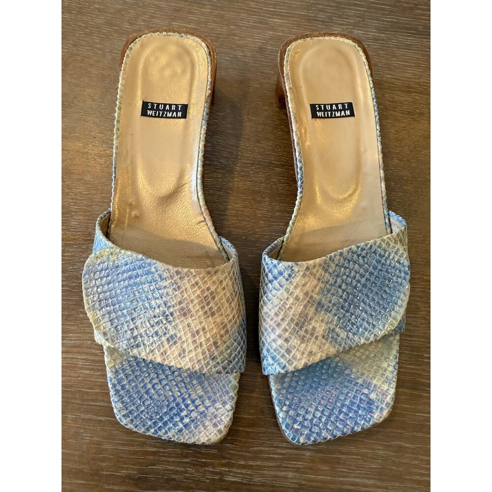 Vintage 90s Stuart Weitzman Python Print Slide Sandals Blue Wooden Heel women 7